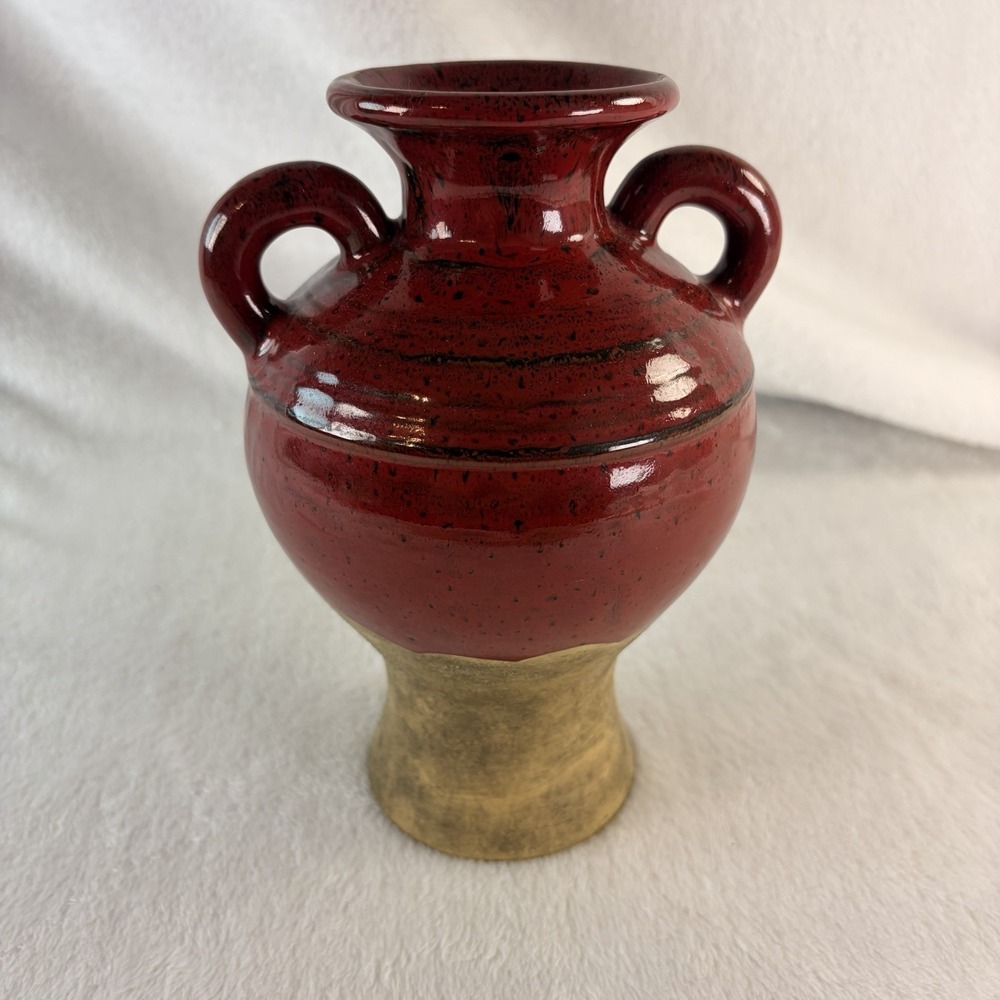 Retired Southern Living at Home Verona Red Olive Jar Vase Double Handle 7.5" EUC